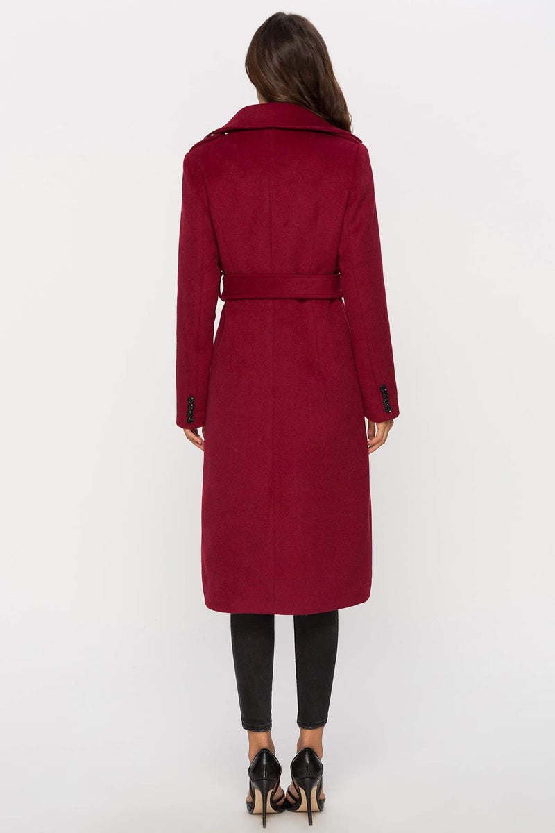 Escalier Womens Wool Coat Double Breasted Pea Coat Winter Long Trench Coat with Belt Wine Red XL - Image 5